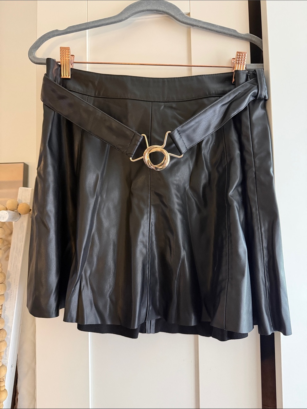 Zara Black Faux Leather Circle Skater Skirt with Gold Ring Belt